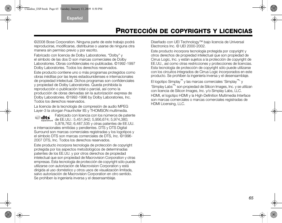 Rotección, Copyrights, Licencias | Bose Lifestyle V30 User Manual | Page 137 / 208