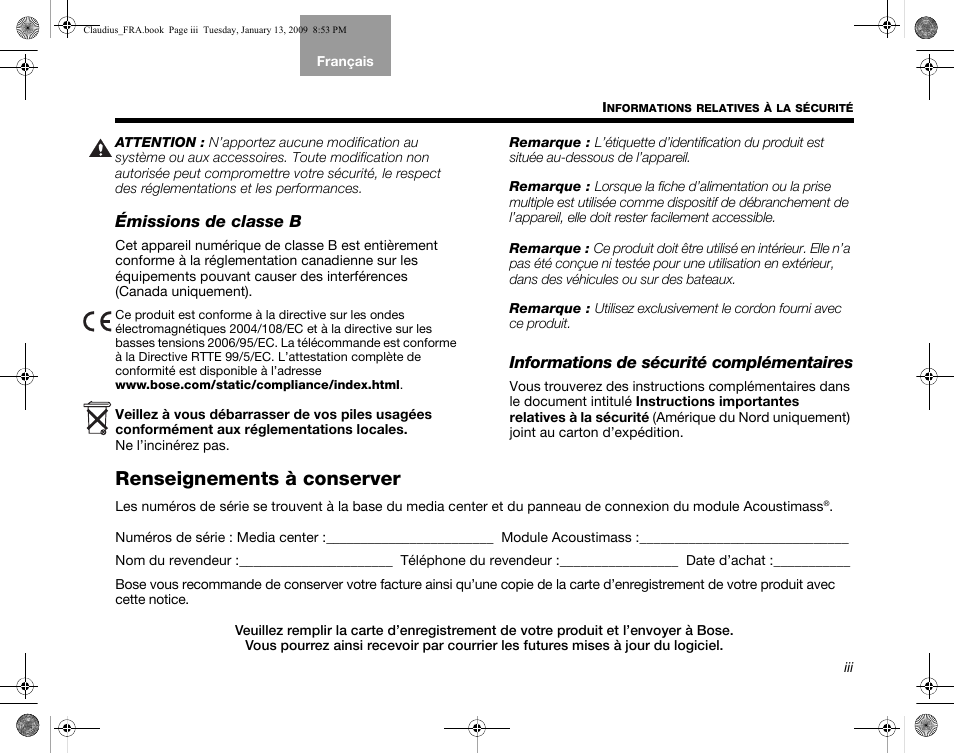 Renseignements à conserver | Bose Lifestyle V30 User Manual | Page 139 / 208