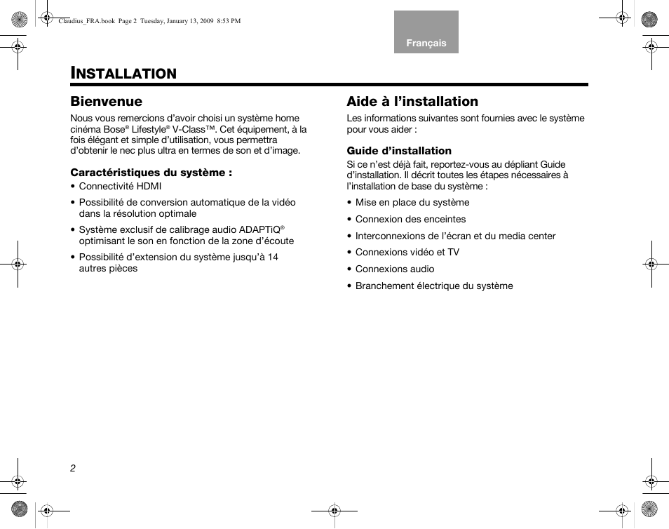 Nstallation, Bienvenue, Caractéristiques du système | Aide à l’installation, Guide d’installation | Bose Lifestyle V30 User Manual | Page 142 / 208