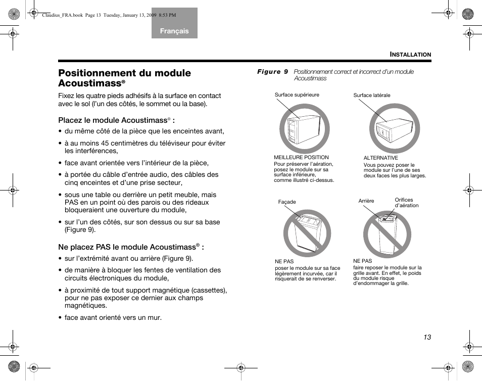 Positionnement du module acoustimass | Bose Lifestyle V30 User Manual | Page 153 / 208