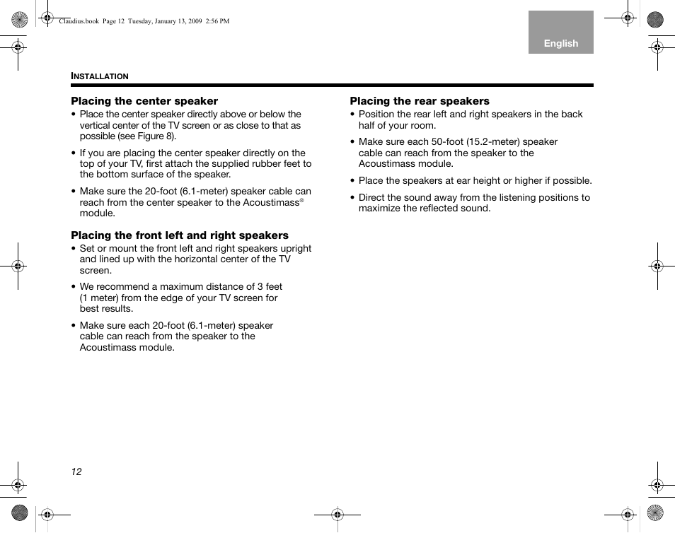Placing the center speaker, Placing the front left and right speakers, Placing the rear speakers | Bose Lifestyle V30 User Manual | Page 16 / 208