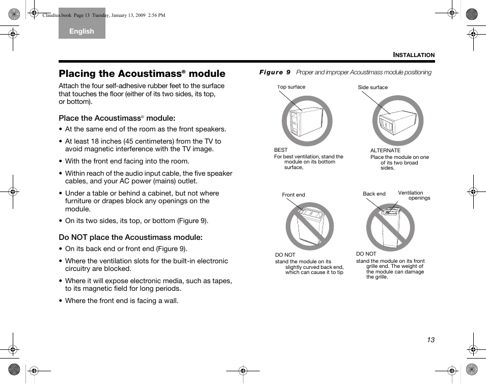 Placing the acoustimass® module, Placing the acoustimass, Module | Bose Lifestyle V30 User Manual | Page 17 / 208