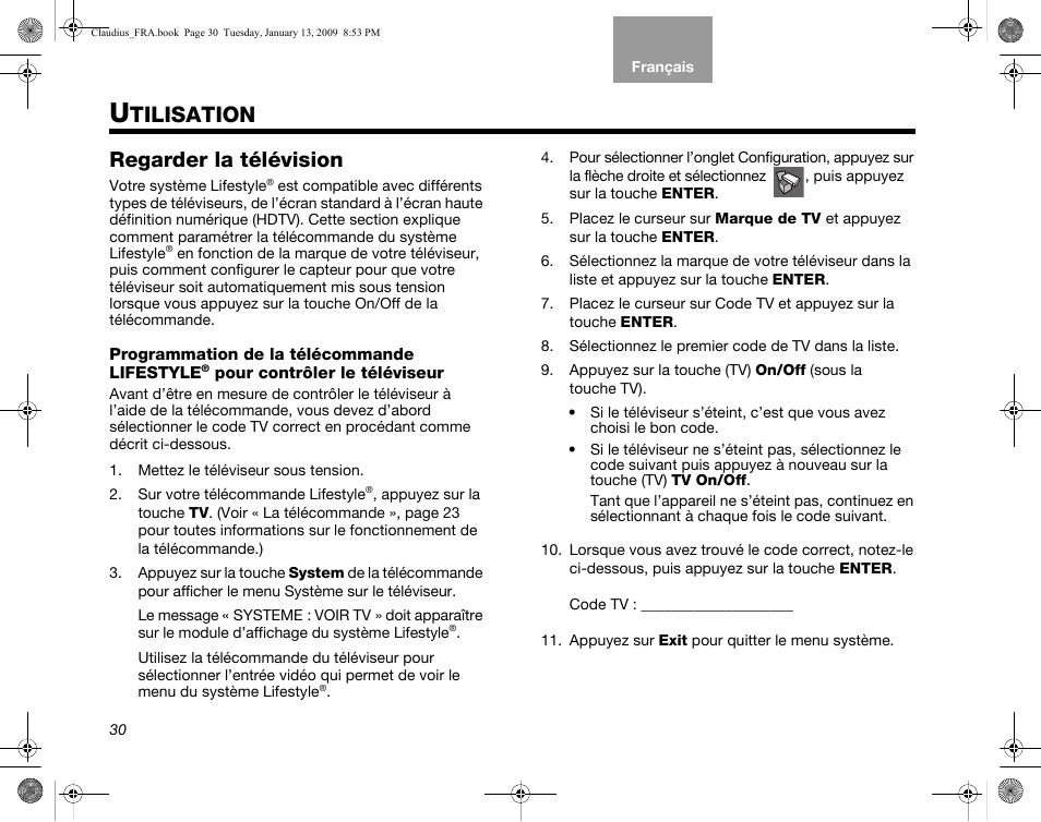 Tilisation, Regarder la télévision, Programmation de la télécommande lifestyle | Bose Lifestyle V30 User Manual | Page 170 / 208