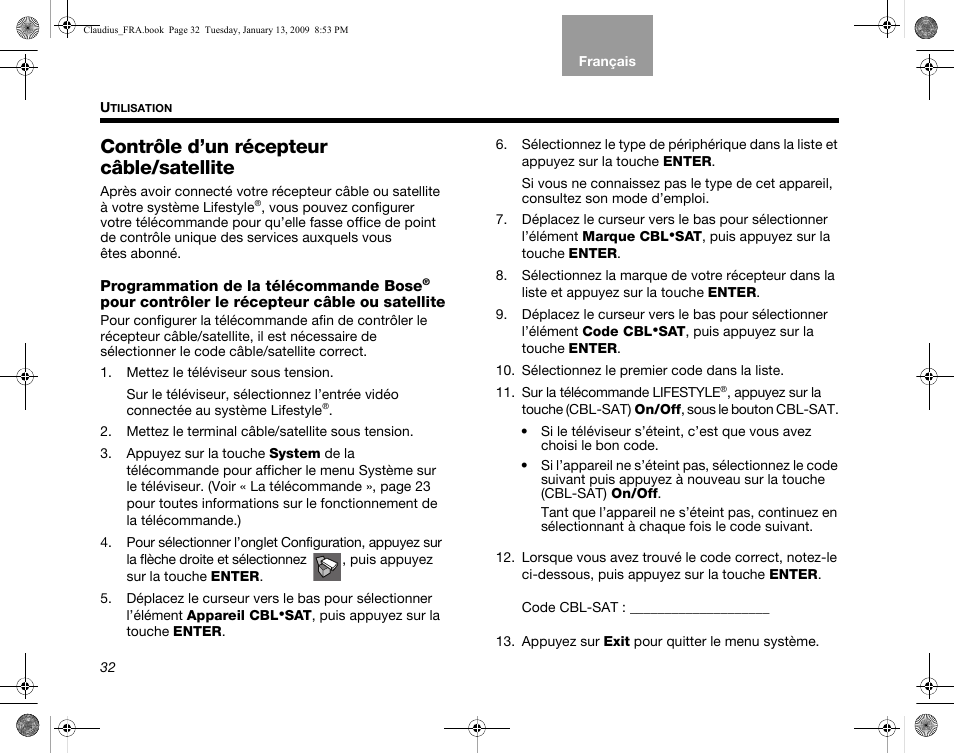 Contrôle d’un récepteur câble/satellite, Programmation de la télécommande bose | Bose Lifestyle V30 User Manual | Page 172 / 208