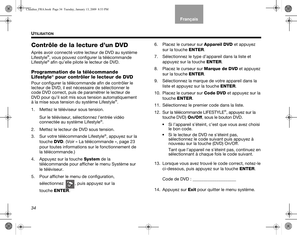Contrôle de la lecture d’un dvd, Programmation de la télécommande lifestyle | Bose Lifestyle V30 User Manual | Page 174 / 208