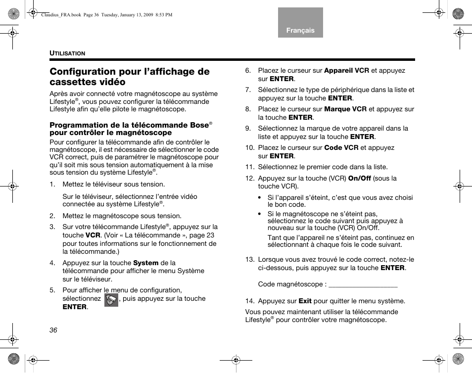 Configuration pour l’affichage de cassettes vidéo, Programmation de la télécommande bose | Bose Lifestyle V30 User Manual | Page 176 / 208