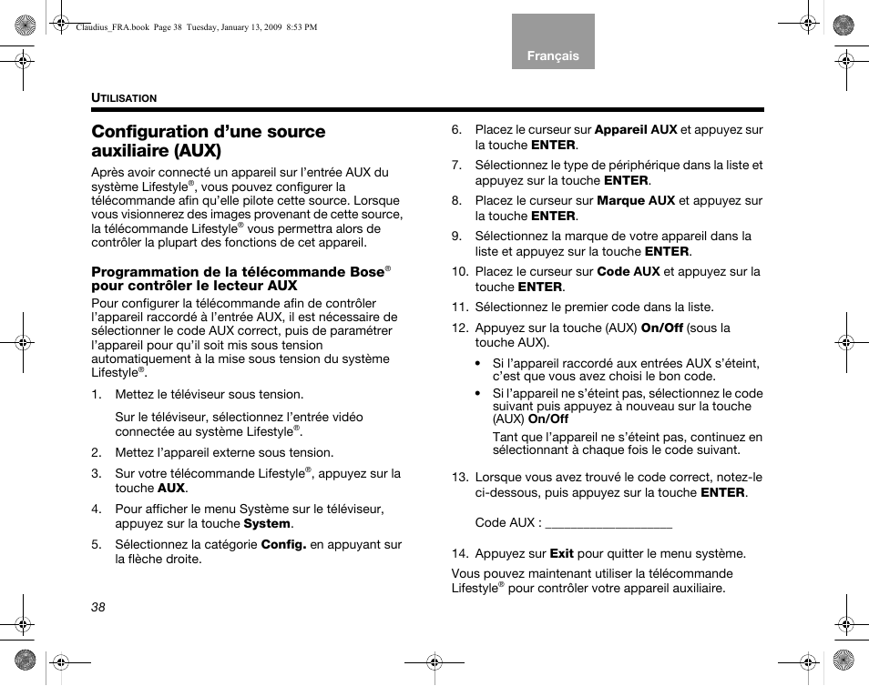 Configuration d’une source auxiliaire (aux), Programmation de la télécommande bose | Bose Lifestyle V30 User Manual | Page 178 / 208