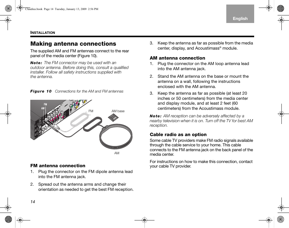 Making antenna connections, Fm antenna connection, Am antenna connection | Cable radio as an option | Bose Lifestyle V30 User Manual | Page 18 / 208