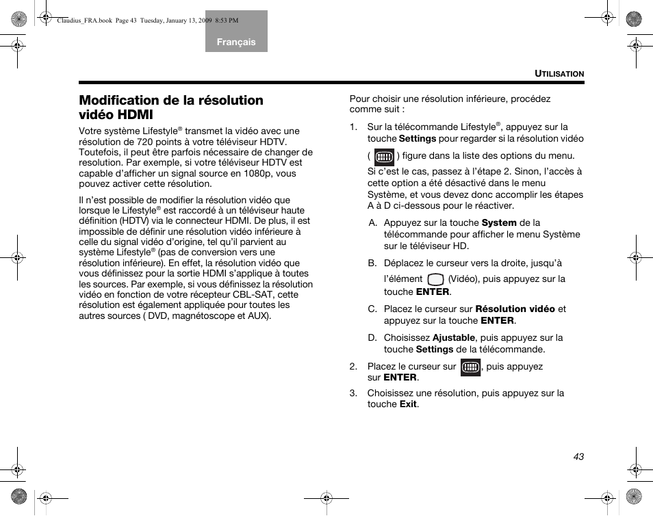 Modification de la résolution vidéo hdmi | Bose Lifestyle V30 User Manual | Page 183 / 208
