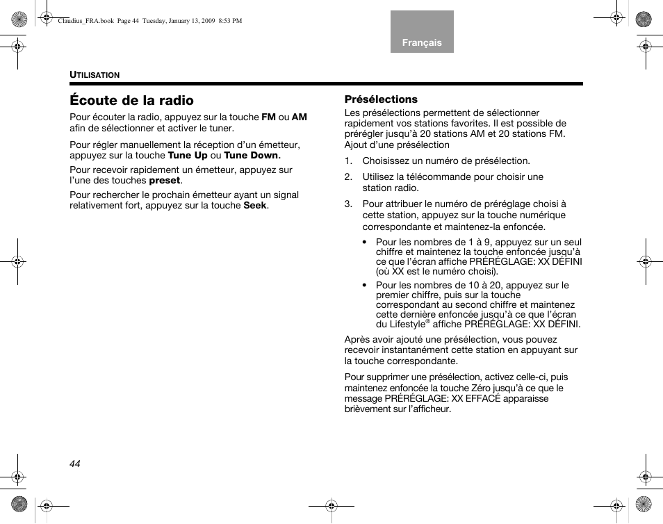 Écoute de la radio, Présélections | Bose Lifestyle V30 User Manual | Page 184 / 208