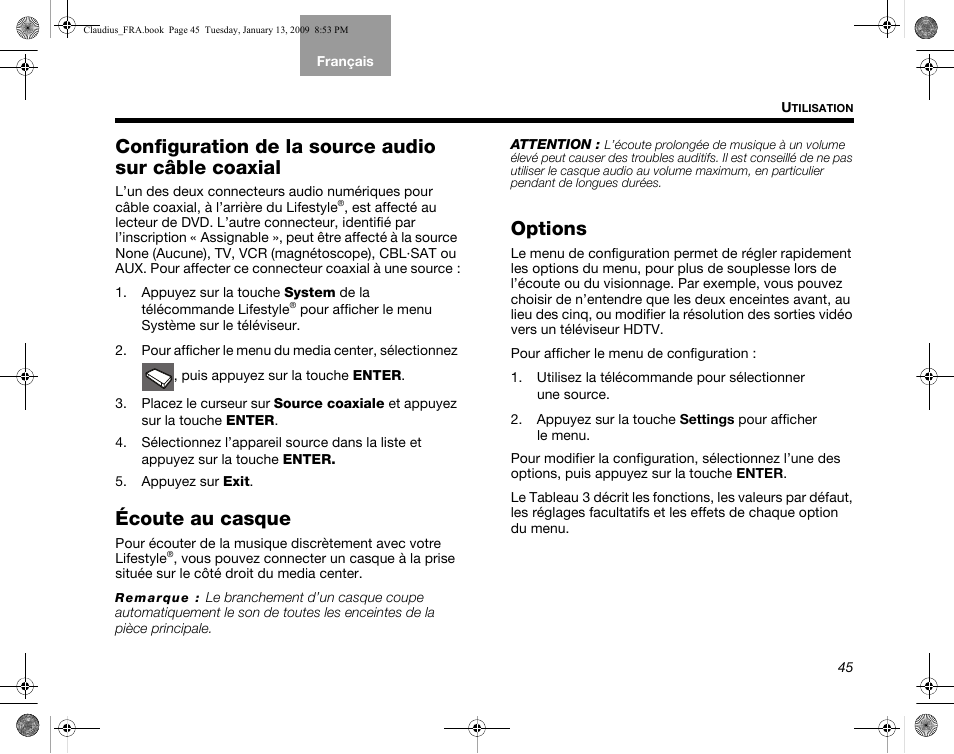 Configuration de la source audio sur câble coaxial, Écoute au casque, Options | Bose Lifestyle V30 User Manual | Page 185 / 208
