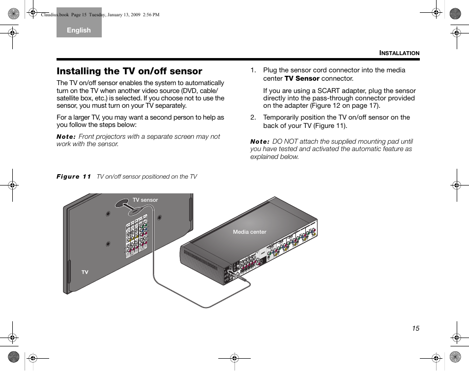 Installing the tv on/off sensor | Bose Lifestyle V30 User Manual | Page 19 / 208