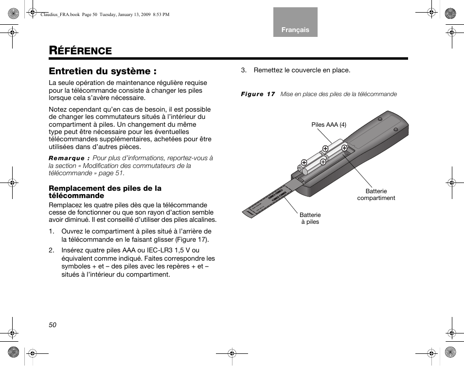 Entretien du système, Remplacement des piles de la télécommande, Éférence | Bose Lifestyle V30 User Manual | Page 190 / 208