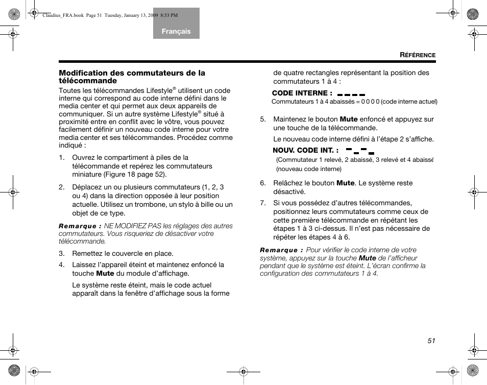 Modification des commutateurs de la télécommande | Bose Lifestyle V30 User Manual | Page 191 / 208
