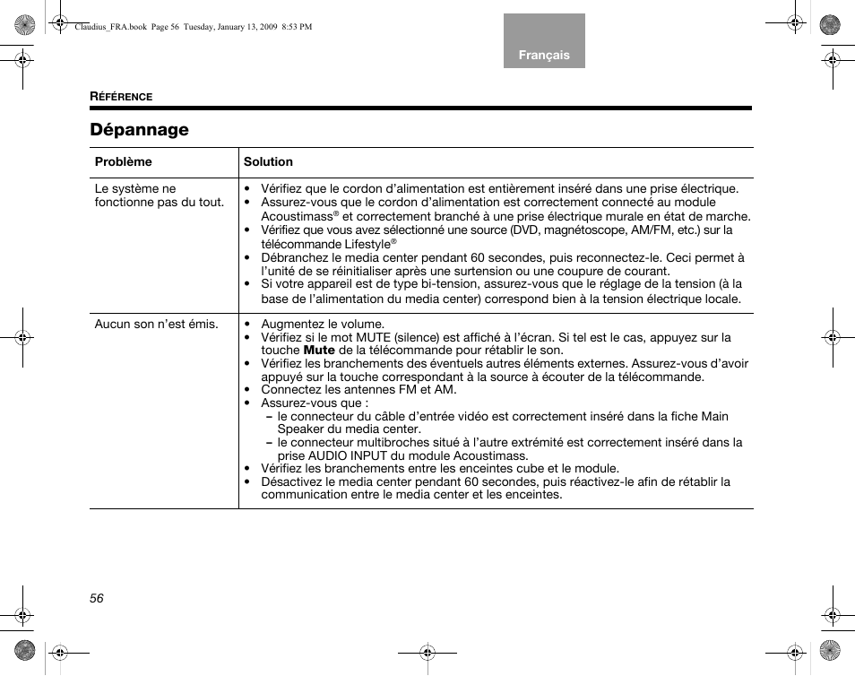 Dépannage | Bose Lifestyle V30 User Manual | Page 196 / 208