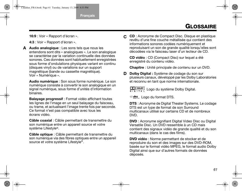 Lossaire | Bose Lifestyle V30 User Manual | Page 201 / 208