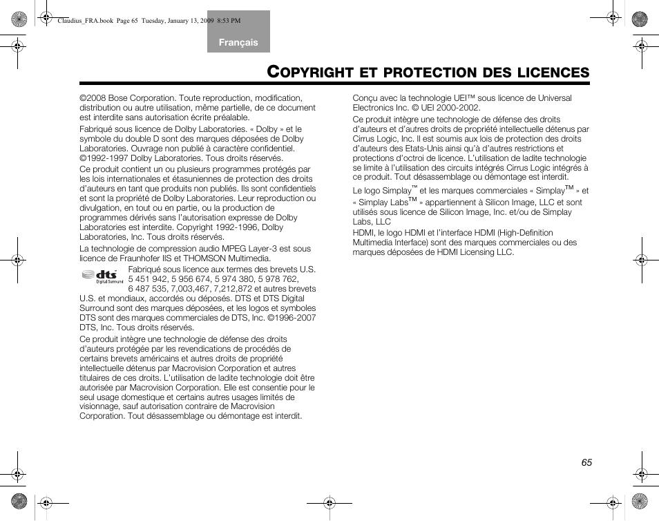 Opyright, Protection, Licences | Bose Lifestyle V30 User Manual | Page 205 / 208