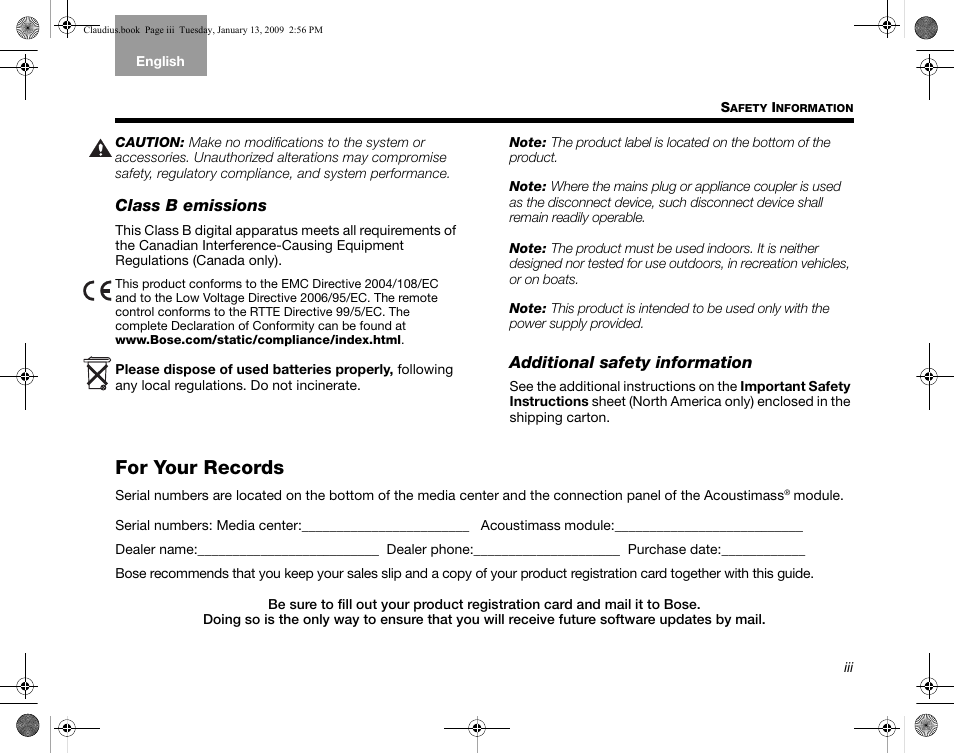 For your records | Bose Lifestyle V30 User Manual | Page 3 / 208