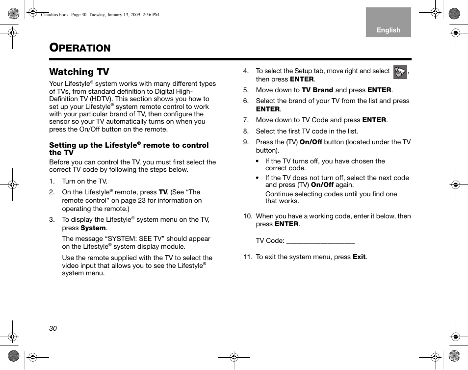 Watching tv, Setting up the lifestyle® remote to control the tv, Operation | E “operation” be, E “operation, Peration | Bose Lifestyle V30 User Manual | Page 34 / 208