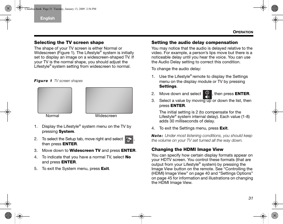 Selecting the tv screen shape, Setting the audio delay compensation, Changing the hdmi image view | Bose Lifestyle V30 User Manual | Page 35 / 208