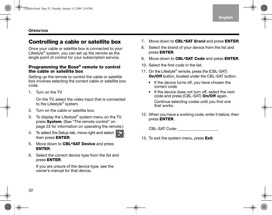Controlling a cable or satellite box | Bose Lifestyle V30 User Manual | Page 36 / 208