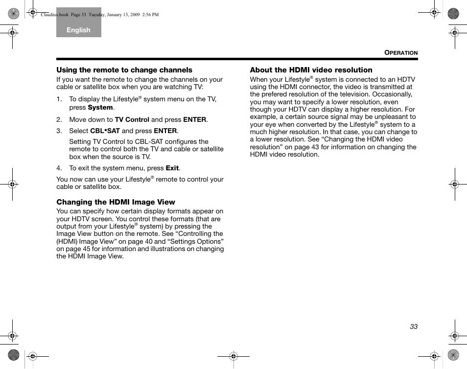 Using the remote to change channels, Changing the hdmi image view, About the hdmi video resolution | Bose Lifestyle V30 User Manual | Page 37 / 208