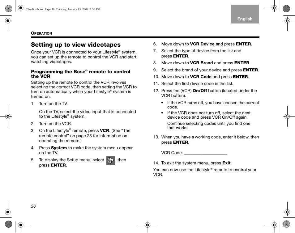 Setting up to view videotapes, Programming the bose® remote to control the vcr | Bose Lifestyle V30 User Manual | Page 40 / 208