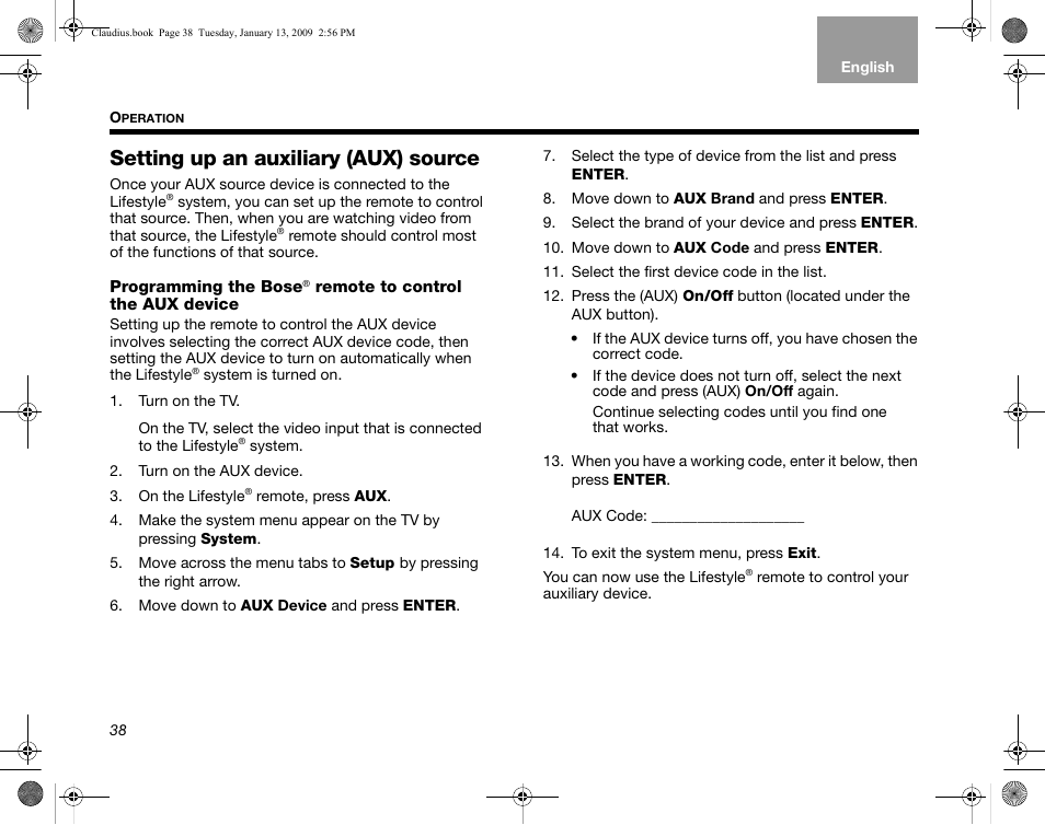 Setting up an auxiliary (aux) source | Bose Lifestyle V30 User Manual | Page 42 / 208