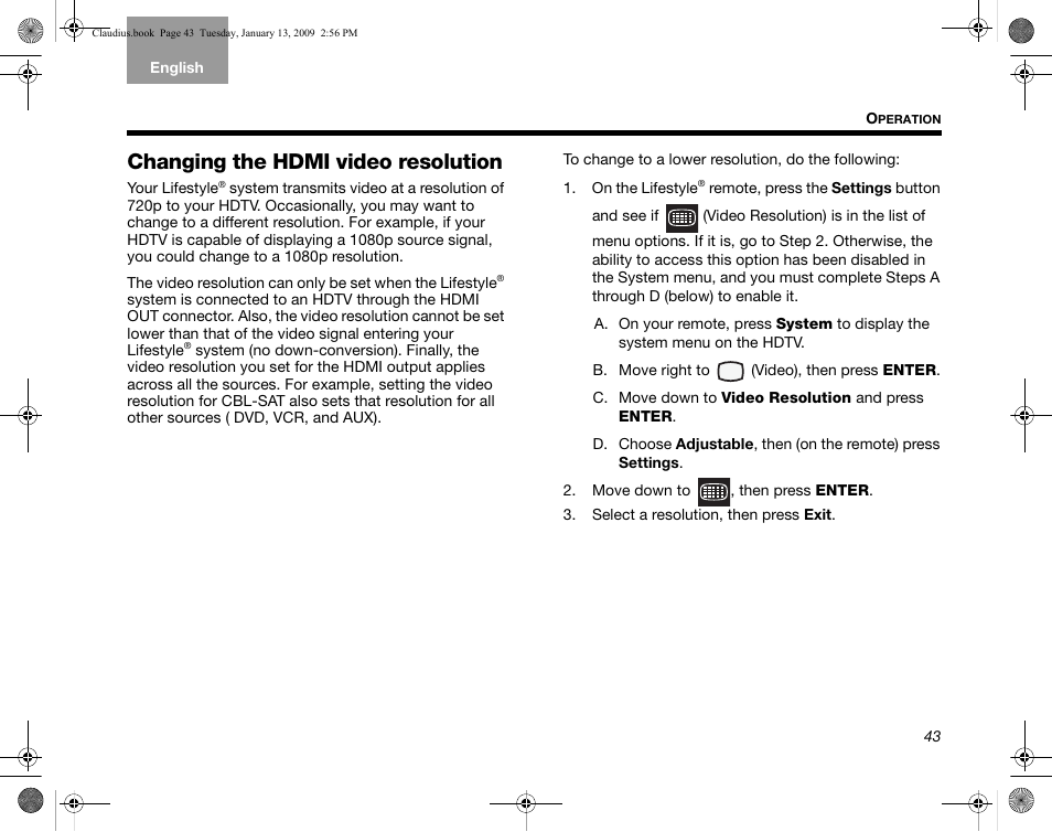 Changing the hdmi video resolution | Bose Lifestyle V30 User Manual | Page 47 / 208