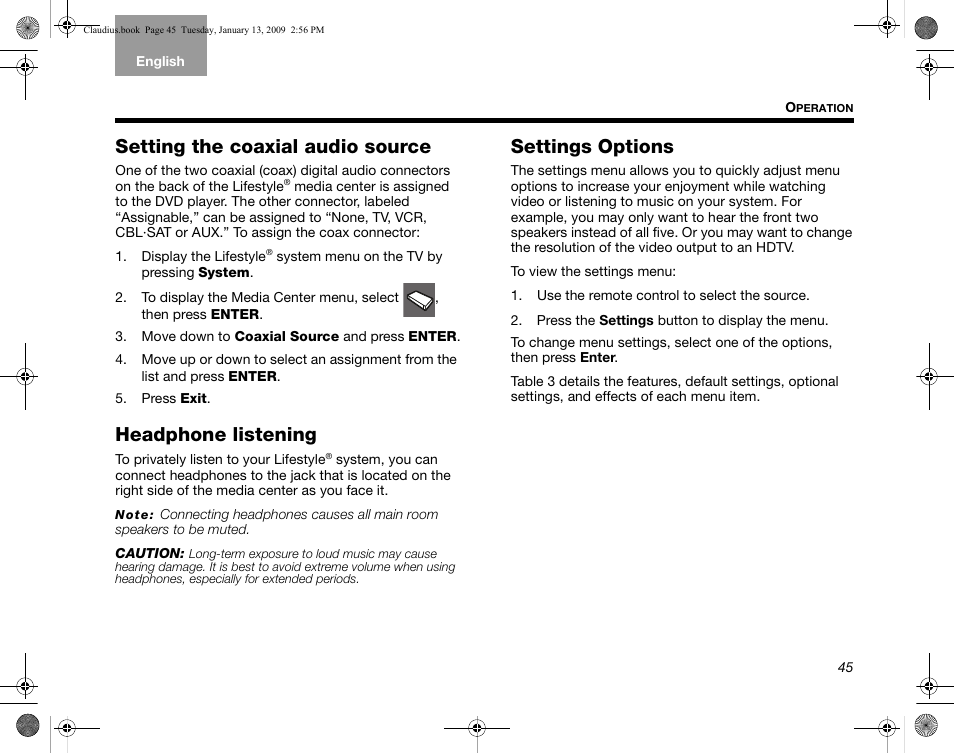 Setting the coaxial audio source, Headphone listening, Settings options | Bose Lifestyle V30 User Manual | Page 49 / 208