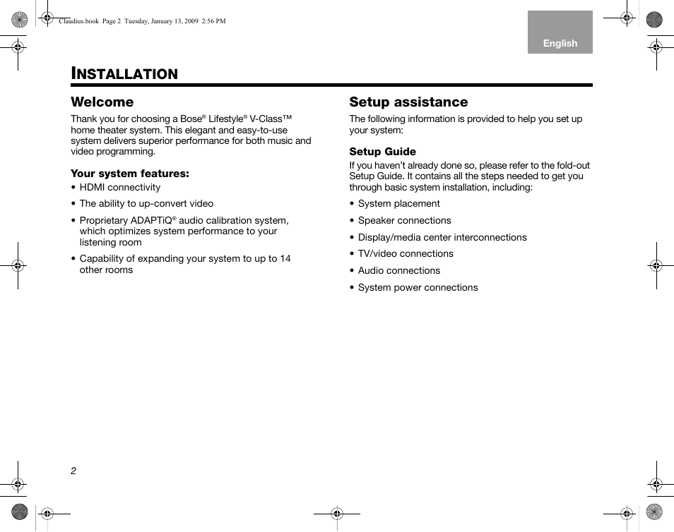 Welcome, Your system features, Setup assistance | Setup guide, Nstallation | Bose Lifestyle V30 User Manual | Page 6 / 208