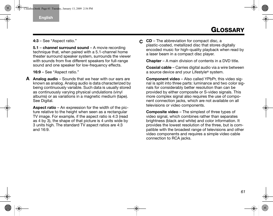 Lossary | Bose Lifestyle V30 User Manual | Page 65 / 208