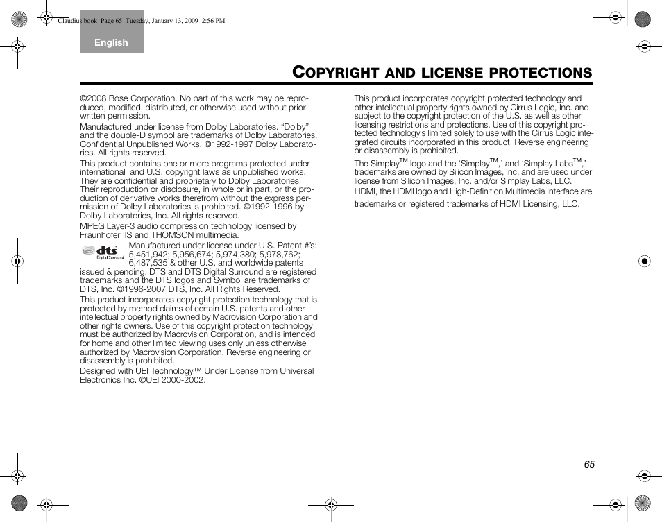 Opyright, License, Protections | Bose Lifestyle V30 User Manual | Page 69 / 208