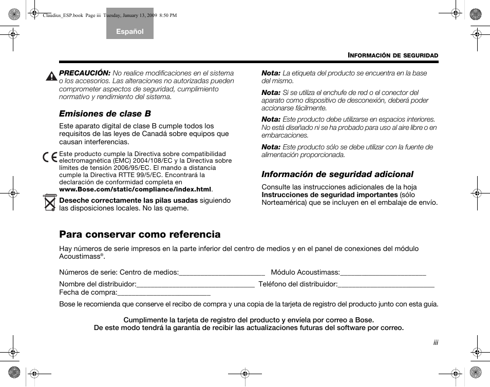 Para conservar como referencia | Bose Lifestyle V30 User Manual | Page 71 / 208