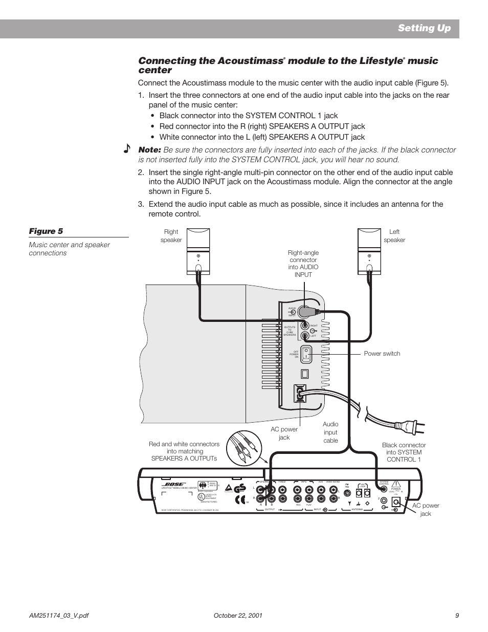 Connecting the acoustimass, Module to the lifestyle, Music center | Setting up, Geprüdfte sicherheit, Music center and speaker connections, Power switch | Bose AM251774 User Manual | Page 11 / 29