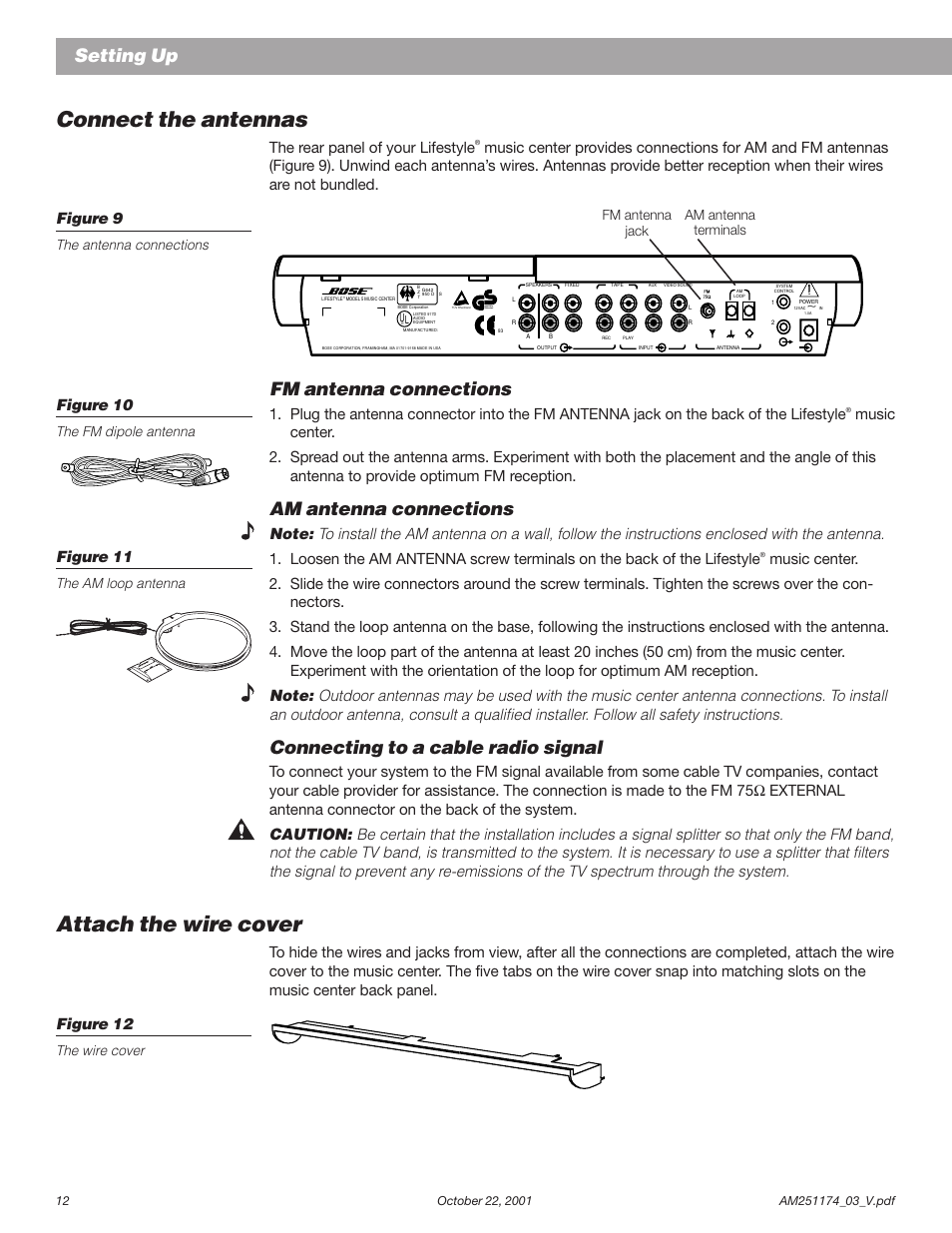 Attach the wire cover, Connect the antennas, Fm antenna connections | Am antenna connections, Connecting to a cable radio signal, Setting up, The rear panel of your lifestyle, Figure 10, Figure 11, The wire cover | Bose AM251774 User Manual | Page 14 / 29