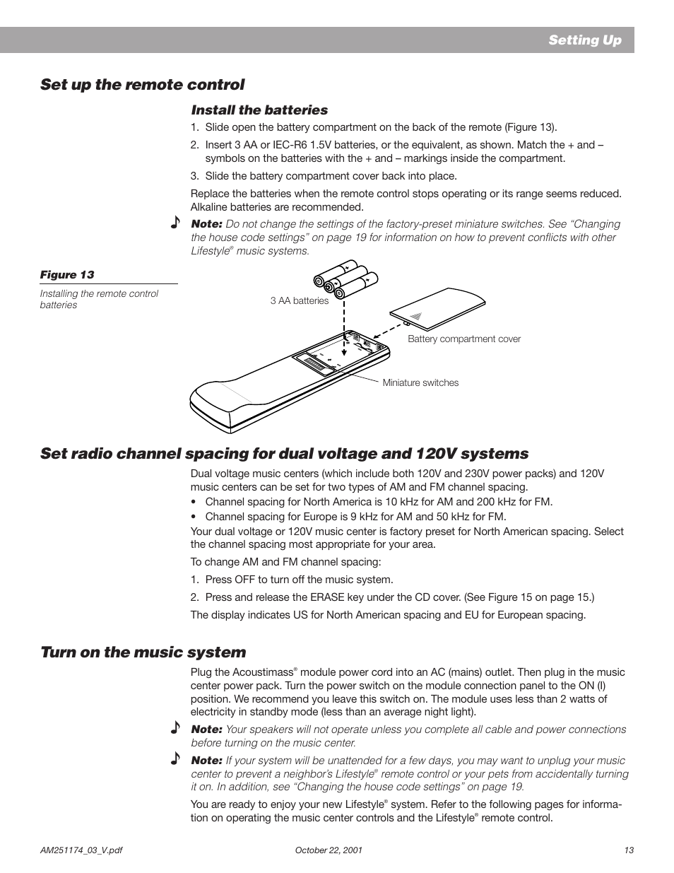 Turn on the music system, Set up the remote control, Setting up | Install the batteries | Bose AM251774 User Manual | Page 15 / 29