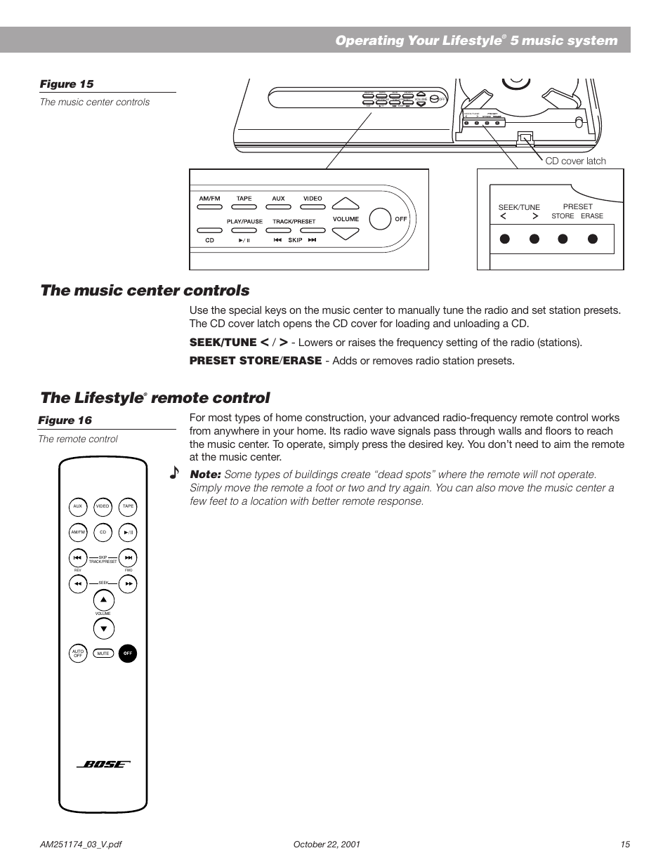 The music center controls, The lifestyle, Remote control | Operating your lifestyle, 5 music system, Figure 15, Figure 16, The remote control cd cover latch | Bose AM251774 User Manual | Page 17 / 29