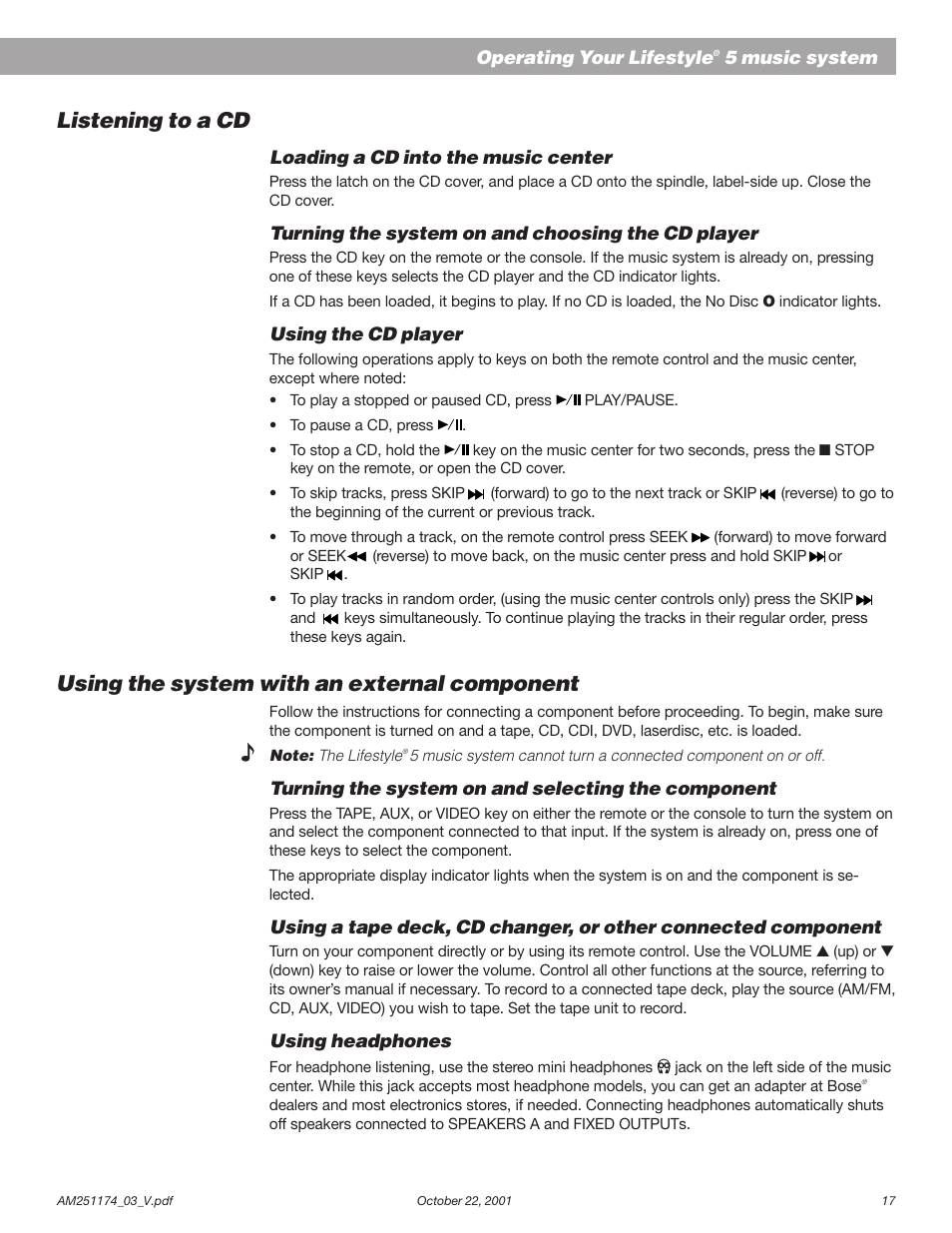 Listening to a cd, Using the system with an external component | Bose AM251774 User Manual | Page 19 / 29