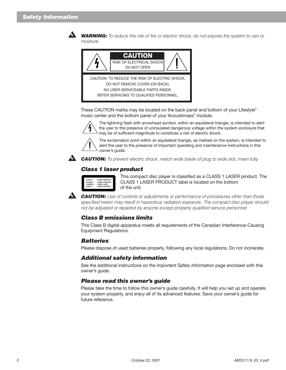 Caution, Safety information, Class 1 laser product | Class b emissions limits, Batteries, Additional safety information, Please read this owner’s guide | Bose AM251774 User Manual | Page 2 / 29