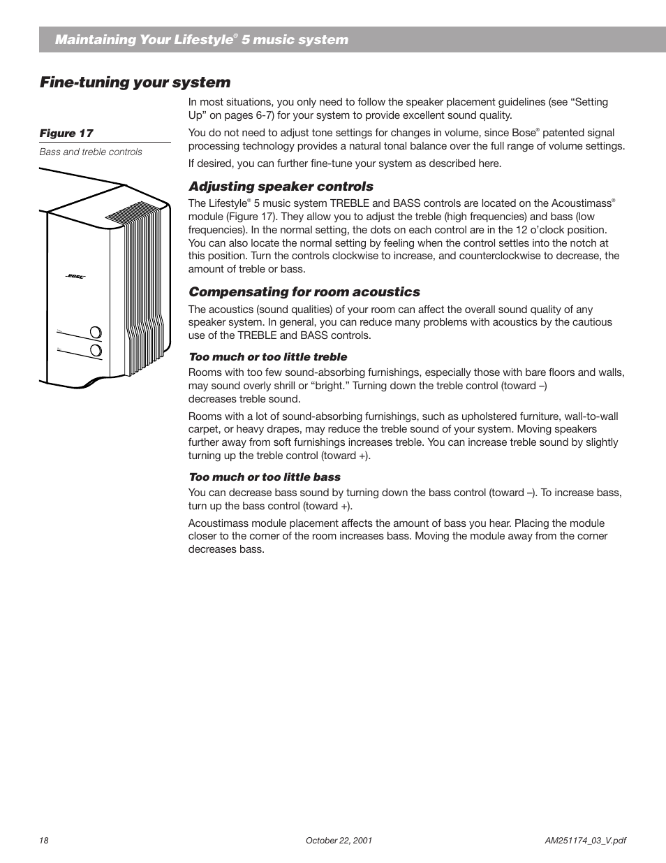 Fine-tuning your system, Maintaining your lifestyle, 5 music system | Adjusting speaker controls, Compensating for room acoustics | Bose AM251774 User Manual | Page 20 / 29