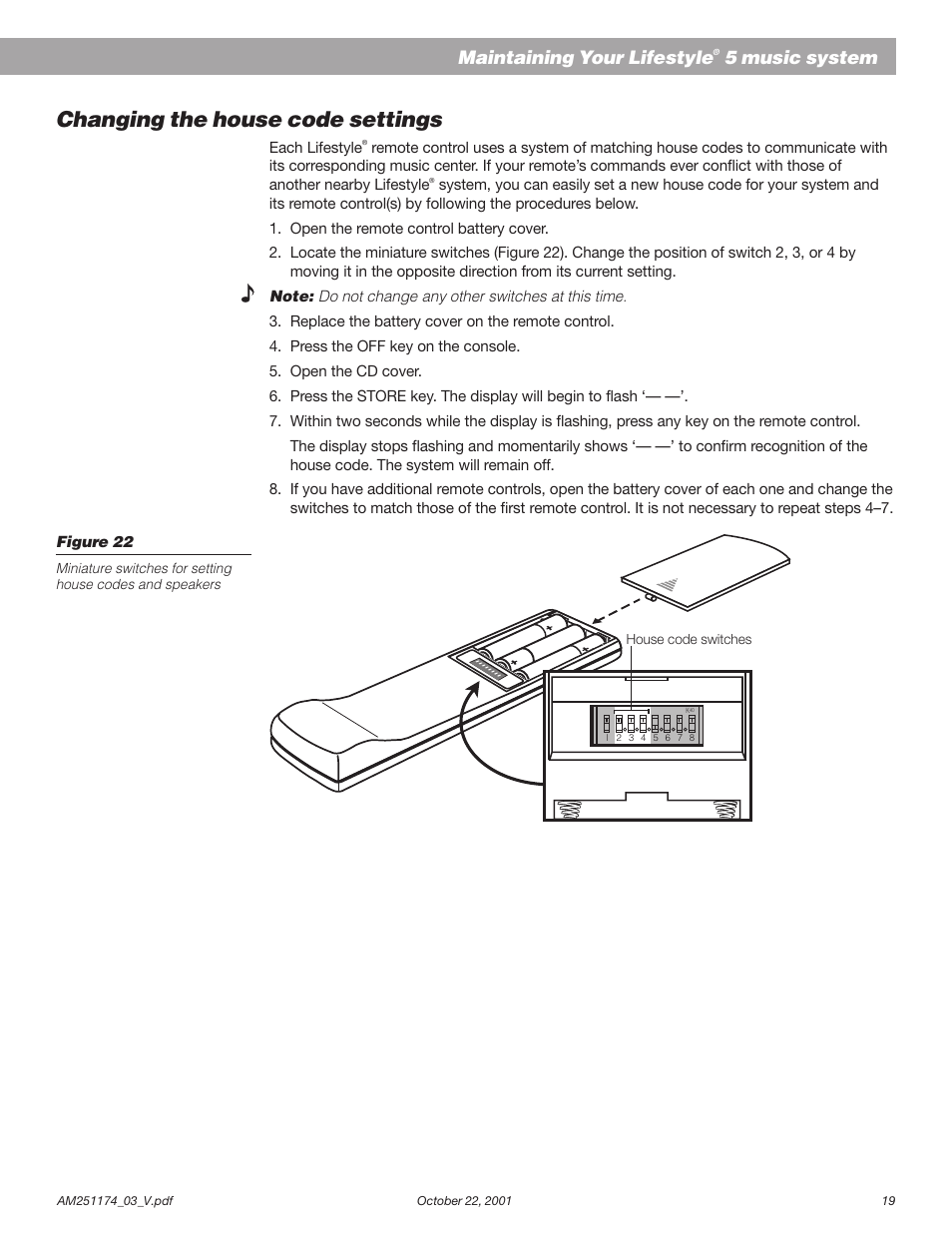 Changing the house code settings, Maintaining your lifestyle, 5 music system | Bose AM251774 User Manual | Page 21 / 29
