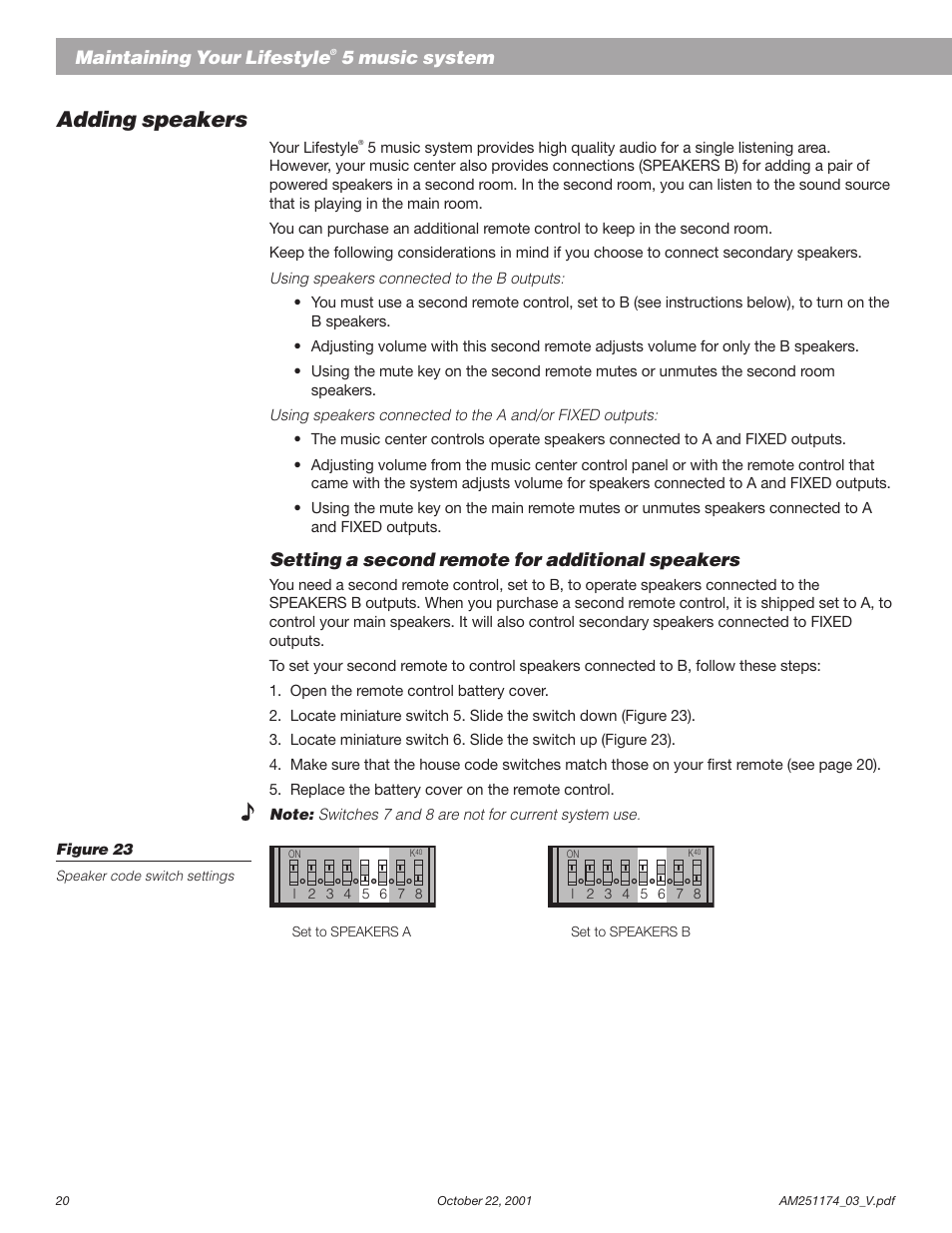 Adding speakers, Setting a second remote for additional speakers, Maintaining your lifestyle | 5 music system | Bose AM251774 User Manual | Page 22 / 29