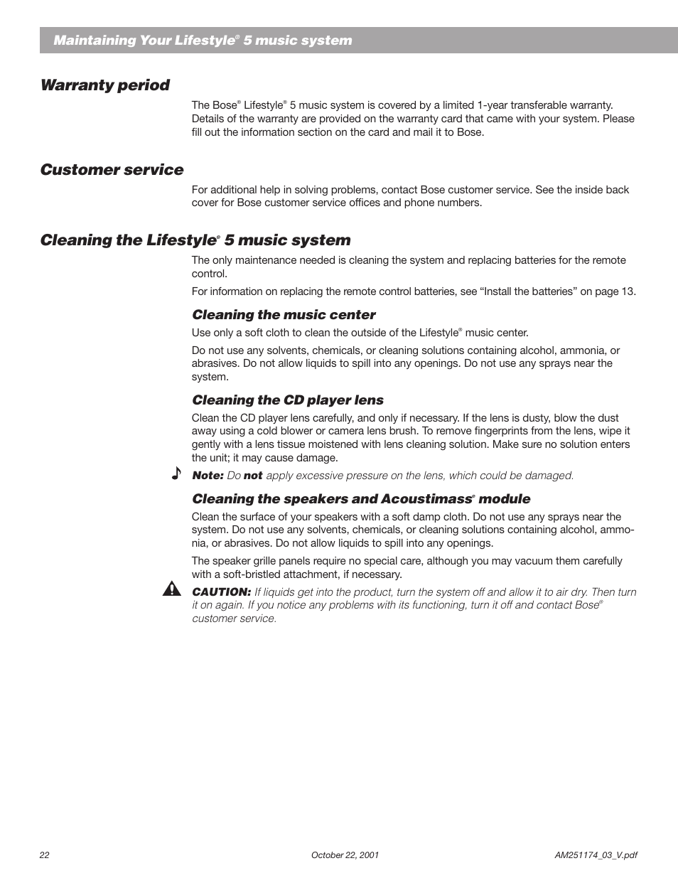 Warranty period, Customer service, Cleaning the lifestyle | Maintaining your lifestyle, 5 music system, Cleaning the music center, Cleaning the cd player lens, Cleaning the speakers and acoustimass, Module | Bose AM251774 User Manual | Page 24 / 29