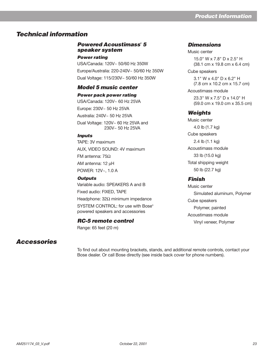 Accessories, Technical information | Bose AM251774 User Manual | Page 25 / 29