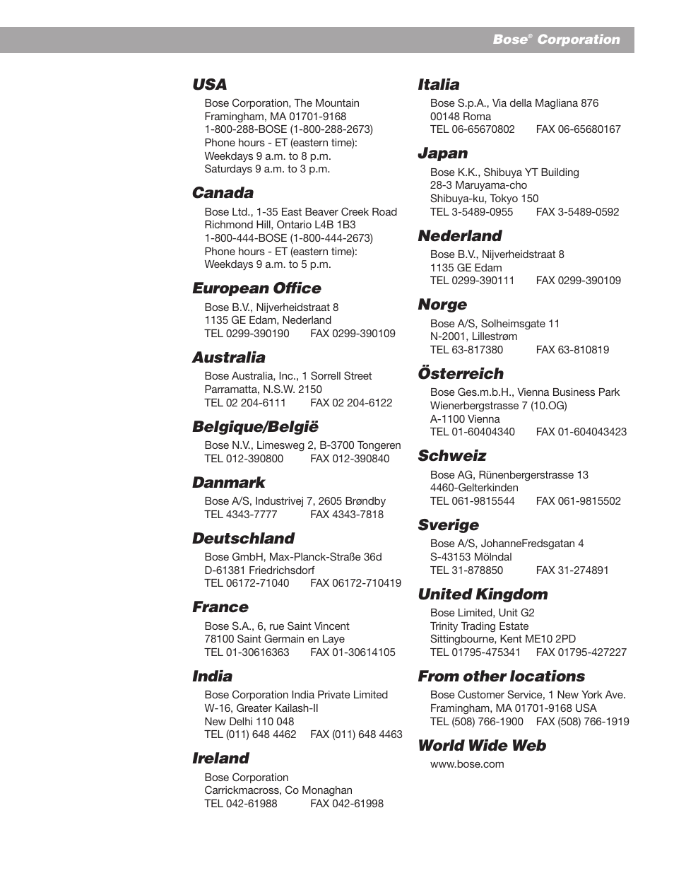 Canada, European office, Australia | Belgique/belgië, Danmark, Deutschland, France, India, Ireland, Italia | Bose AM251774 User Manual | Page 28 / 29