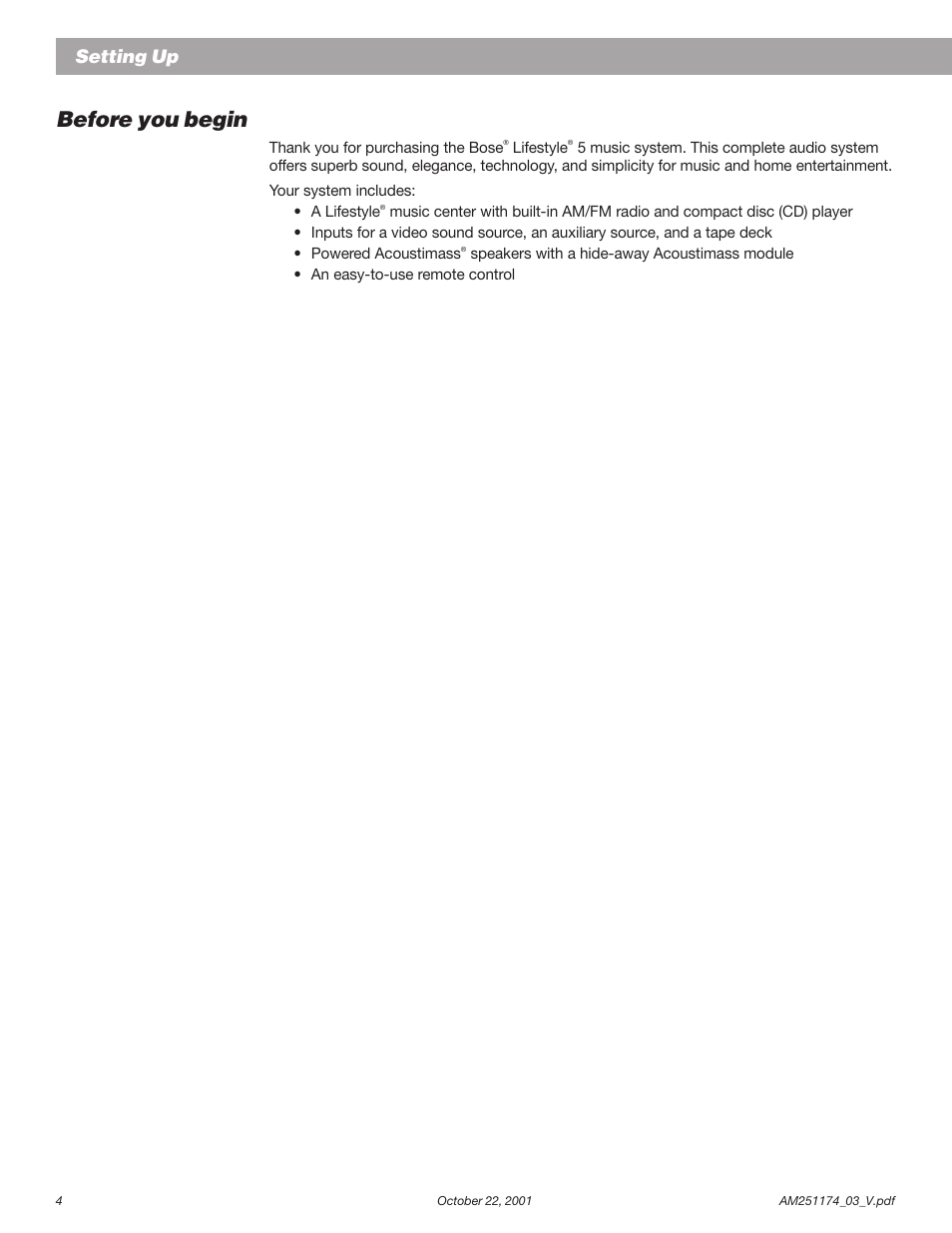 Before you begin, Setting up | Bose AM251774 User Manual | Page 6 / 29