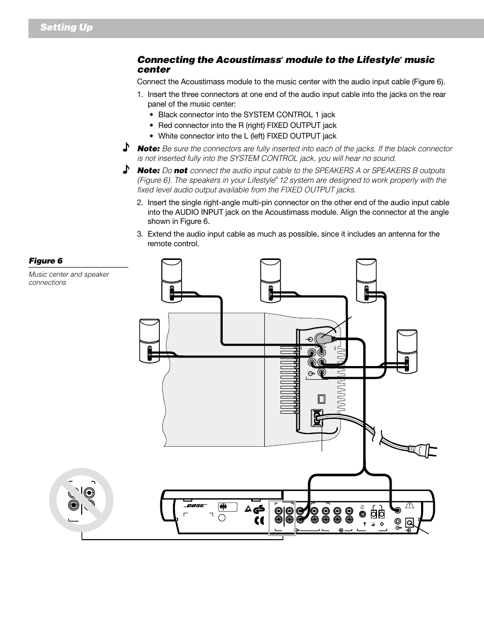 Connecting the acoustimass, Module to the lifestyle, Music center | Setting up, Music center and speaker connections, Geprüdfte sicherheit | Bose 12 User Manual | Page 12 / 34