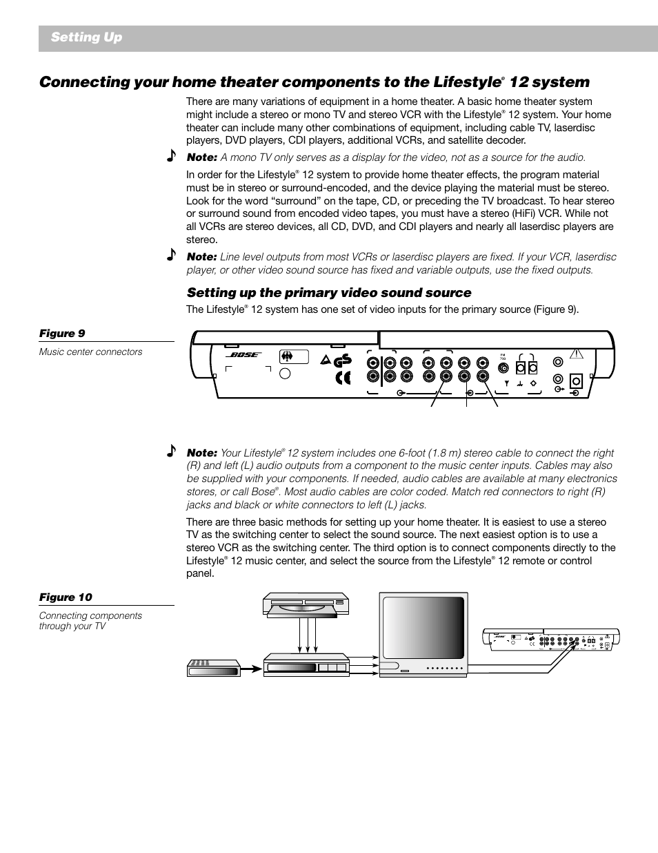12 system, Setting up, Setting up the primary video sound source | The lifestyle, 12 remote or control panel. figure 10, Music center connectors, Geprüdfte sicherheit, Connecting components through your tv, Power 12vac in, 0a system control | Bose 12 User Manual | Page 14 / 34