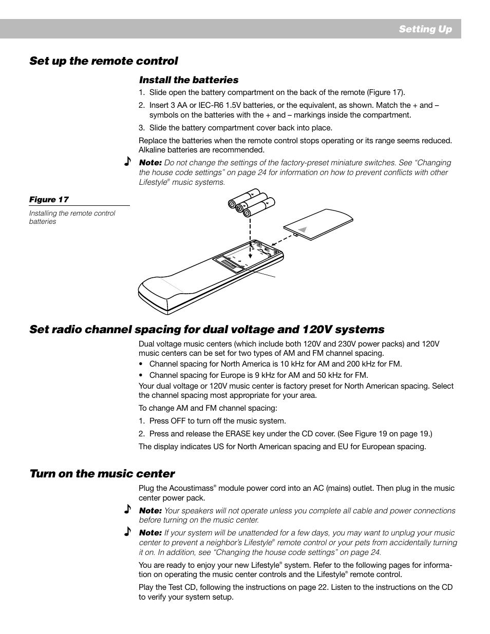 Turn on the music center, Set up the remote control, Setting up | Install the batteries | Bose 12 User Manual | Page 19 / 34